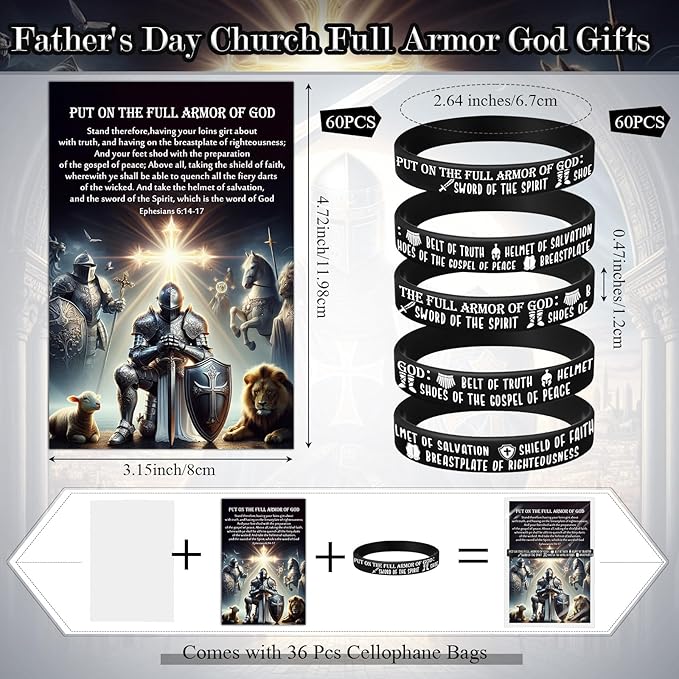Wavwavw 60 Sets Put on The Full Armor of God Gifts Bulk Christian Pastor Bible Verse Wristband Bracelets Bookmarks Templar Knight Religious Supplies for Sunday School (Black)