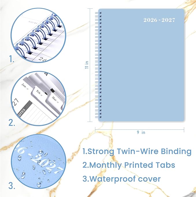 2026-2027 Monthly Planner - Planner/Calendar 2026-2027, JUL 2026 - DEC 2027, 9" x 11", 18 Monthly Planners with Tabs, Pocket, Label, Contacts and Passwords, Twin-Wire Binding- Baby Blue