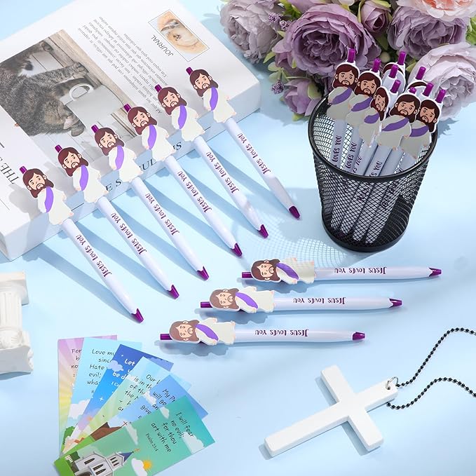CroBlissful 48 Pcs Easter Pens Jesus Pens Bulk Christian Gift for Kid Jesus Loves You Sunday School Prize Religious Easter Gift Bible Verse Ballpoint Pen with Bookmarks for Catholic(Retro Style)