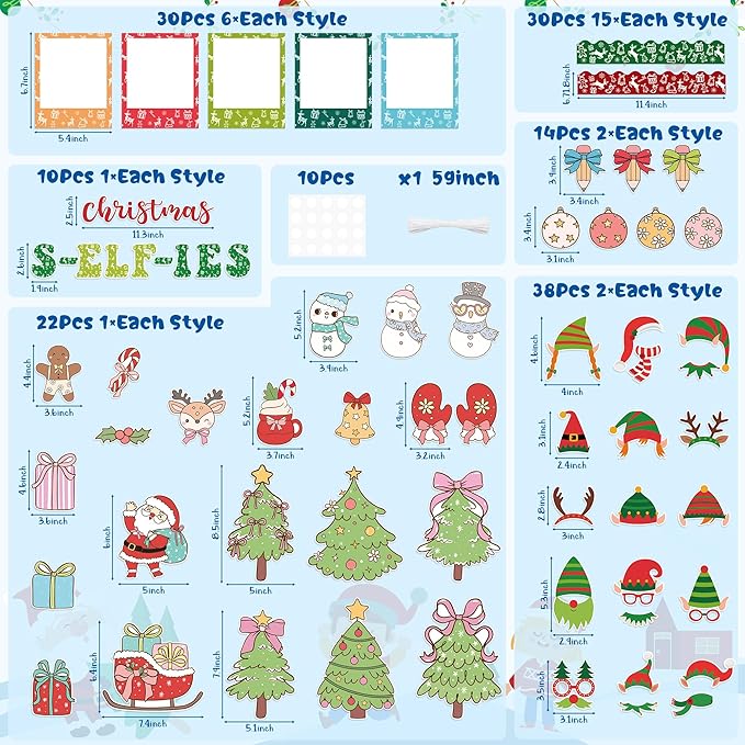 155Pcs Christmas Selfie Bulletin Board Decoration Set, Christmas Headwear Paper Cutouts DIY Photo Craft Cutouts Bulletin Board Border Trim, Classroom Chalkboard Supplies Wall Door Decor