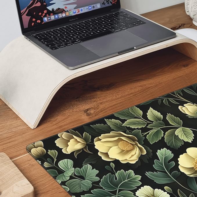 35.4" x 15.7" Dark Botanical Floral Extended Mouse Pad, Vintage Yellow Flower & Green Leaf Desk Mat with Non-Slip Base, Water Resistant for Gaming & Office