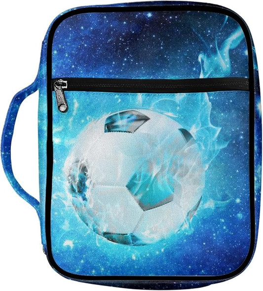 Coldinair Blue Starry Soccer Print Bible Cover for Men Teens Kids Boys,Galaxy Soccer Carrying Book Case Church Bag Bible Bag with Handle and Zippered Pockets