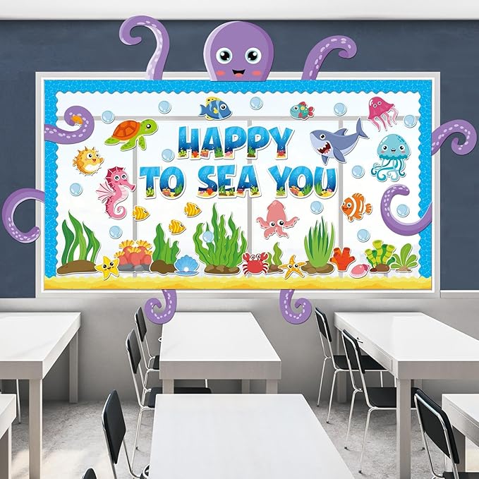 Ocean Bulletin Board Set Under the Sea Summer Classroom Bulletin Board Decoration Octopus Fish Animals Cutouts Ocean Wave Border Happy to Sea You Cutout for Education Craft Back to School Supply Decor