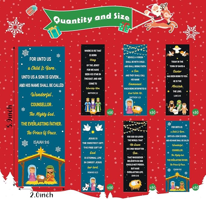 TICIAGA Christmas Bible Verses Bookmarks - 60PCS Christian Scripture Prayer Bookmarks Bulk for Kids, John 3:16 Religious Jesus Christian Book Marker for Sunday School, Christmas Gifts for Women