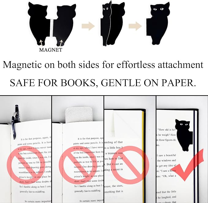 SONAME Magnetic Bookmarks - 6 Pcs Black Cat Bookmark, Cute Book Markers Clip Set, Gift for Book Lovers Women Teacher Reading, Bookish Gifts Office School Item - Teacher Appreciation Gift