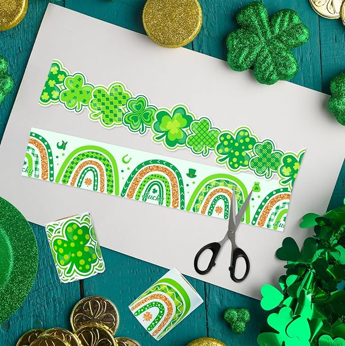 66ft 2 Rolls Shamrock Bulletin Board Borders Clover Boho Rainbow Theme Irish St. Patrick's Day Decorations Paper Border Trim for Classroom School Blackboard Office Chalkboard Themed Party Wall Decor