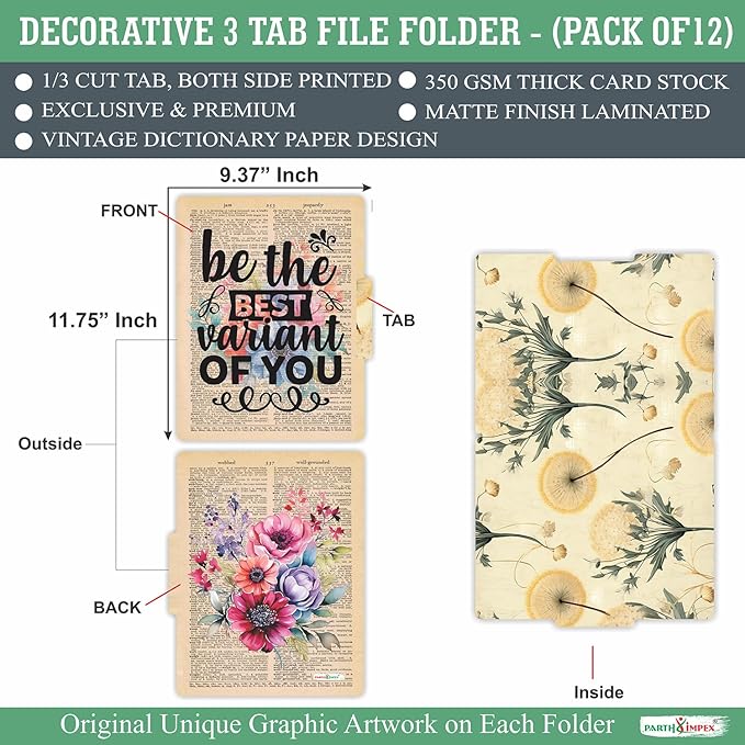 PARTH IMPEX 12 Pack Decorative File Folders, 1/3 Cut Tab with Assorted Positions, Letter Size Paper Holders (9.37” x 11.75”) Matte Finish Laminated for Office School Work - Motivational Quotes Design