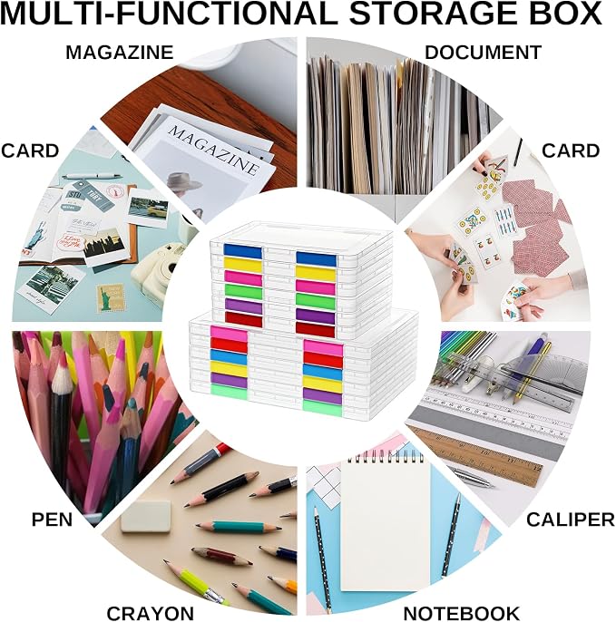 12 Pack Board Game Storage Containers Clear A4 A5 File Box with Labels Multicolor Document Plastic Storage Box Sticker Art Supplies Organizers for Office Home School Supplies(2 Sizes)