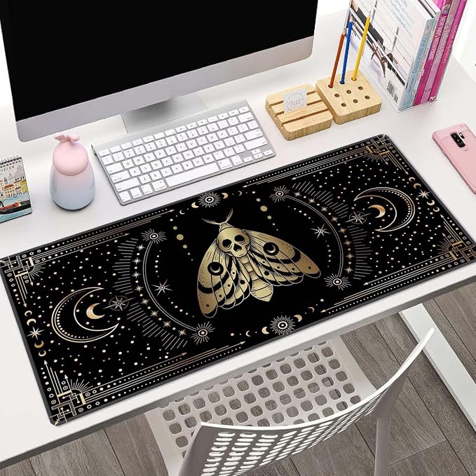 Moth Witch Desk Mat Moon Phases Large Mouse Pad XL Extended Gaming Mousepad Crescents Keyboard Mouse Mat Desk Pad for Computer Laptop 31.5''X11.8'' Non-Slip Rubber Base with Stitched Edges