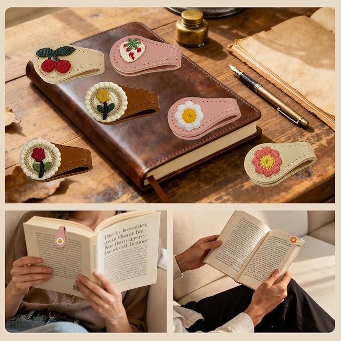 6Pcs Magnetic Leather Bookmark Set, Embroidery Magnetic Bookmarks Clips for Book Lovers Reading, Book Accessories(Mix)