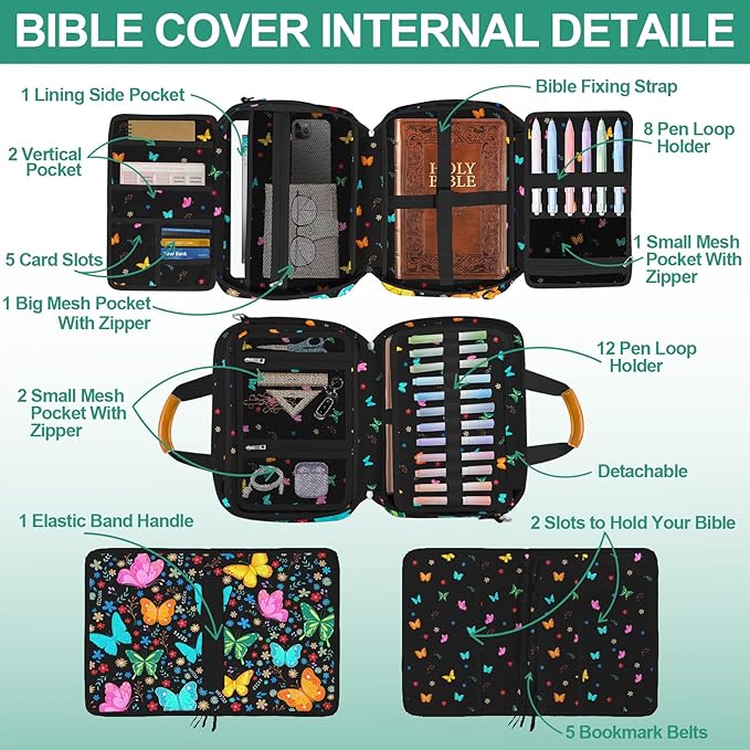 Bible Cover for Women,Bible Carrying Case,Large Bible Bag for Woman Organizer,Butterfly Bible Holder,With God All Things Are Possible,Bible Study Supplie Kit With Highlighters,Tabs,Pens,Christian Gift