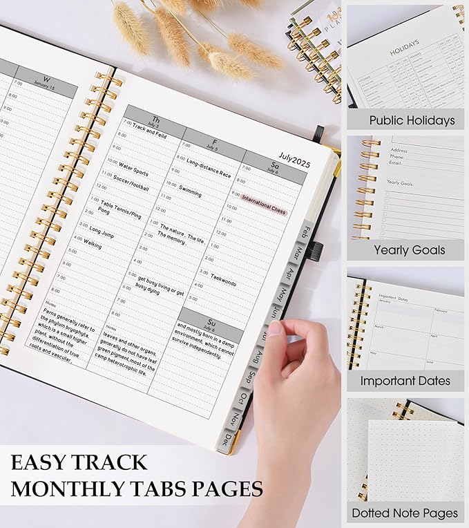 Academic Planner 2025-2026, Weekly and Monthly Calendar Planner from July 2025 - June 2026, 8.5" x 11" Hardcover Leather Hourly Appointment Book with Tabs, Spiral Daily Planners for College School Teacher Student, Black