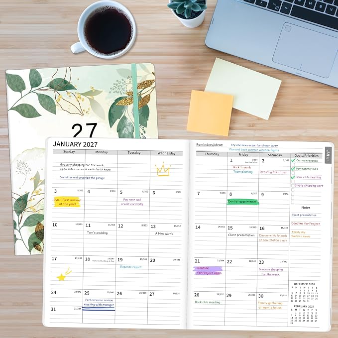2027-2028 Monthly Planner, 2 Year Calendar Planner, Jan 2027 - Dec 2028, 8.3'' x 11'', 24 Months, Embossed Cover, with Printed Tabs ＆Pocket, Elastic Closure, Organizer for Office Home School, Green