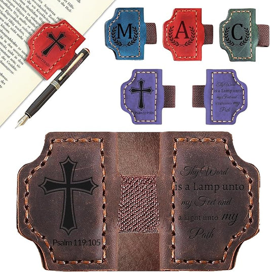 Custom Magnetic Bookmarks with Pen Holder, Personalized 26 Letters Name Initial Leather Bookmark, Leather Book Mark for Men Women Teachers, Readers Book Lovers Gifts (Coffee, Psalm)