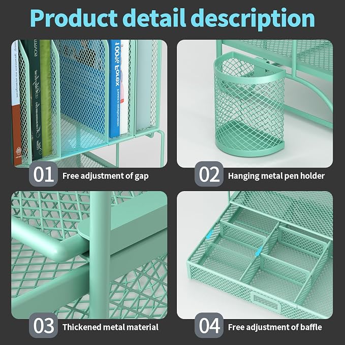 FANXIYQ Metal Desk Organizer with Sliding Drawer, 7-Section File Organizer for Desk, Desktop File Folder & Paper Organizer with 2 Hanging Pen Holders, Office Supplies Organizer, Green