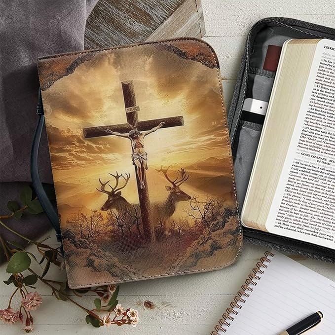 Bible Study Christian Gifts for Women Bible Cover for Men Church Bag with Handle Pu Leahter Bible Case(Deer Cross Sunset 2)