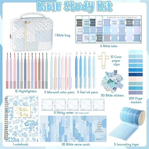 Capoda Bible Cover Case for Women, Bible Tote Bibles Study Supplies with Notebook Highlighters Ballpoint Pen Sticky Notes Scripture Card for Mother's Day Christian Gifts Women Mom Girls(Patch,Blue)
