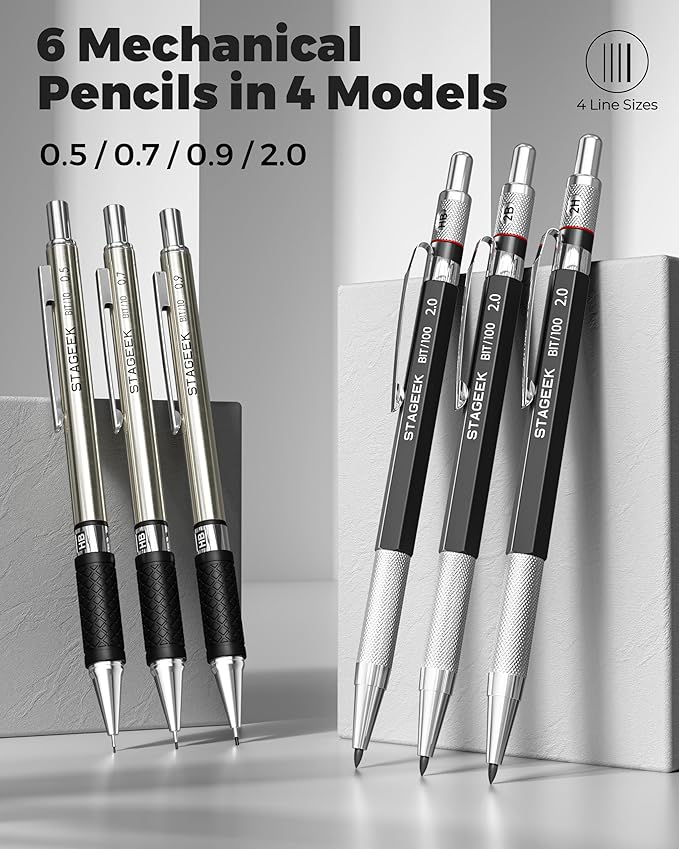 STAGEEK Drawing Pencil Set with Leather Bag 30 Count, Mechanical Pencils 0.5, 0.7, 0.9MM & 3PCS 2MM Sketch Pencils with 464PCS Lead Refills (6B 4B 2B HB 2H 4H Color) for Artist Drafting Drawing