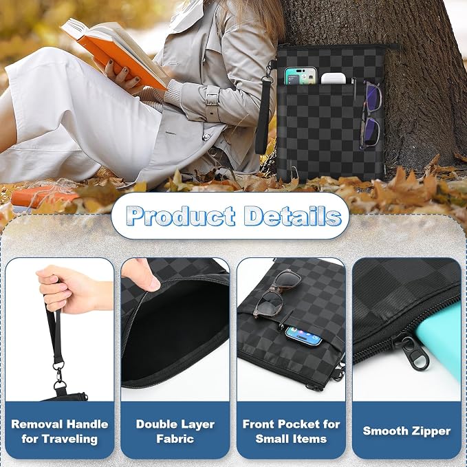 Book Sleeves with Zipper, Travel Book Protector Pouch for Paperbacks & Hardcover Books, Book Covers Bags Carry Case/Front Pocket & Handle Strap for Book Lovers Mother's Day (Black with Block, 1 Pc)