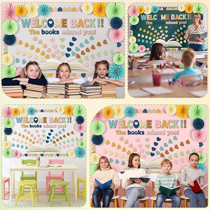 3D Heart Reading Bulletin Board Set Boho Heart Cutout Boho Cutouts Paper Fans Welcome Back The Book Missed You Craft Reading Bulletin Board Decorations for School Library Home Wall Decor Supplies