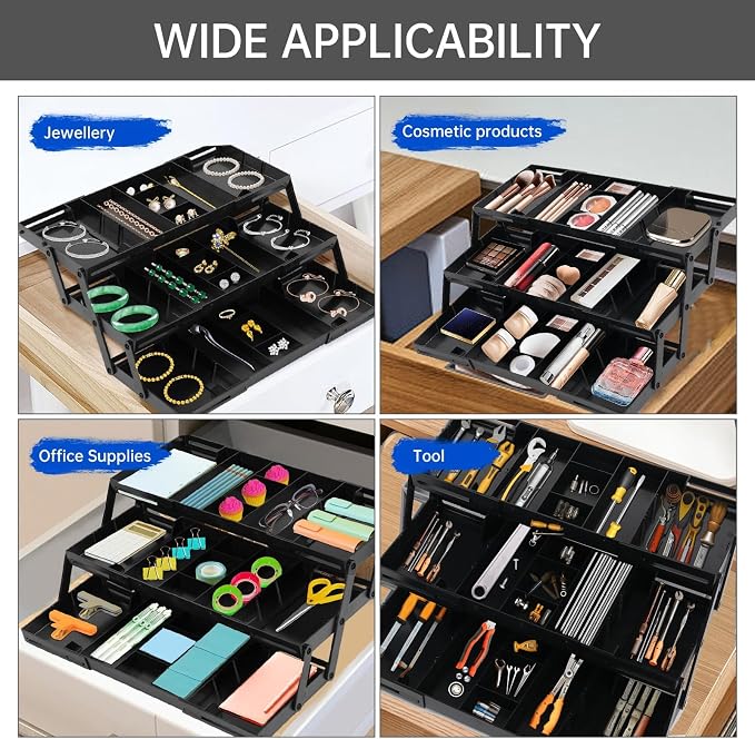 3 Tier Drawer Organizer for Desk, Multi-Functional Three Tier Storage Drawers for Office Supplies, Makeup, Bathroom Essentials & Craft Accessories, Space-Saving Storage Box(1 Row 3 Tier-Black)
