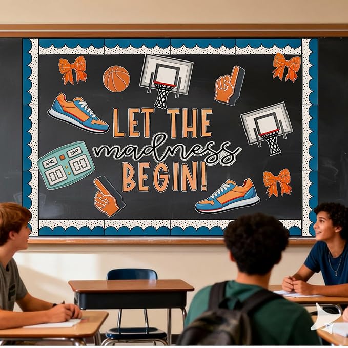 Tenceur 62 Pcs Basketball Bulletin Board Set Classroom Door Decoration Kit with ''let The Madness Begin'' Letters, Basketball Hoop, Scoreboard, and Sports Cutouts, Includes 100 Glue Stickers