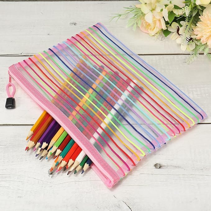 MECCANIXITY Mesh Zipper Pouches, A5 Colorful Pencil Case Document File Bags Storage Organizer for Office Supply Travel Accessory, Pink Pack of 6