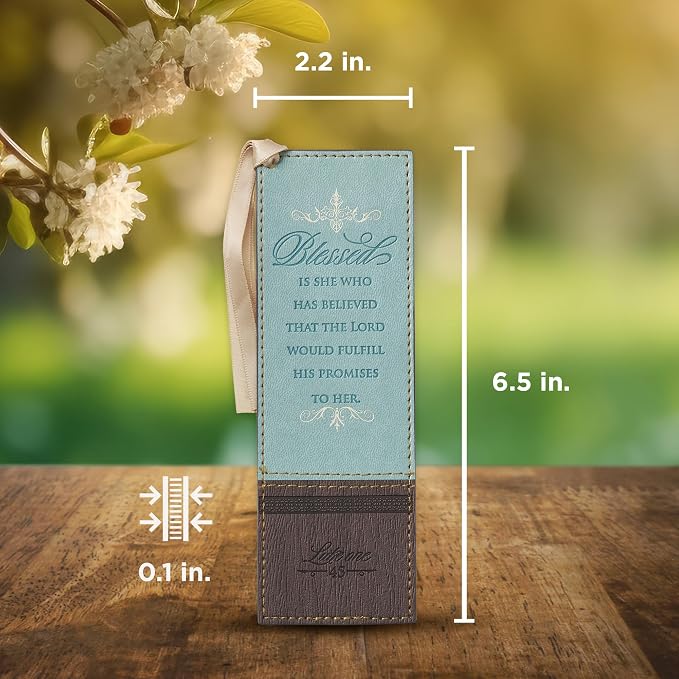 Christian Art Gifts Vegan Faux Leather Scripture Bookmark for Women: Blessed is She - Luke 1:45 Inspirational Bible Verse Heat-Debossed, Faith-Based Reading Book Accessory w/Ribbon Satin Tassel, Blue