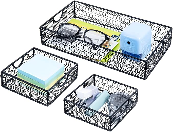 MyGift Modern Geometric Diamond Pattern Black Metal Wire Tabletop Organizer Trays, Office Desk Supplies Nesting Bins, Makeup Accessories Drawer Storage, 3 Piece Set
