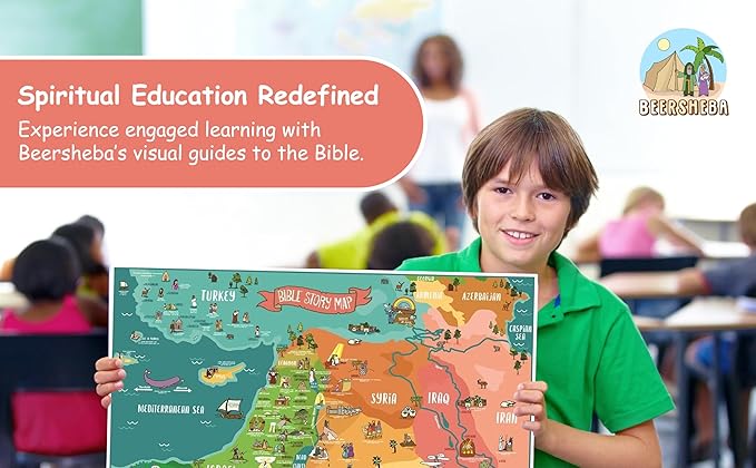 Bible Story Map Poster for Kids, Laminated 17.5" x 24" – 70+ Illustrated Bible Stories for Kids, Classroom & Homeschool, Bulletin Board, Sunday School Educational Wall Chart + 4 Printable Worksheets