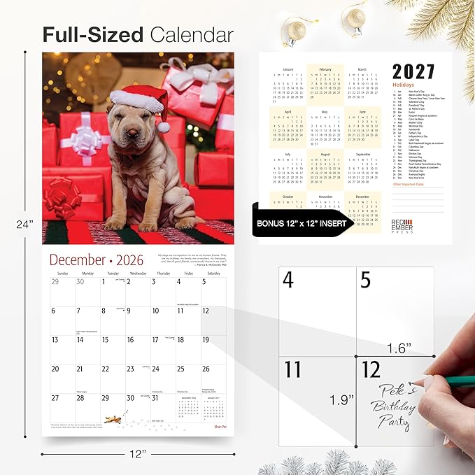 RED EMBER Shar-Pei 2026 Wall Calendar 12 Month | 12" x 24" Open | Thick & Sturdy Paper | Giftable | Cute Puppy Dog Calendar 2026