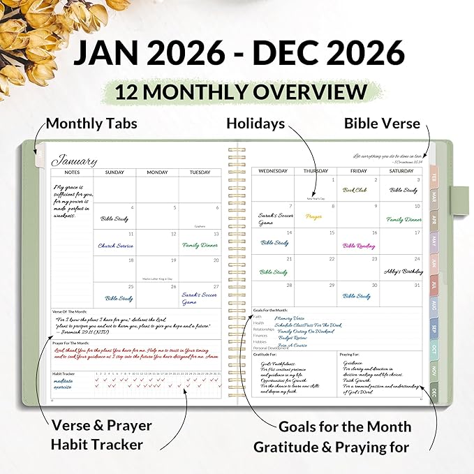2026 Christian Planner - 12 Month Bible Journal and Prayer Planner 9"x11.2" Spiral Bound, Monthly & Weekly Christian Organizer Gifts for Women Men (Grey Green)