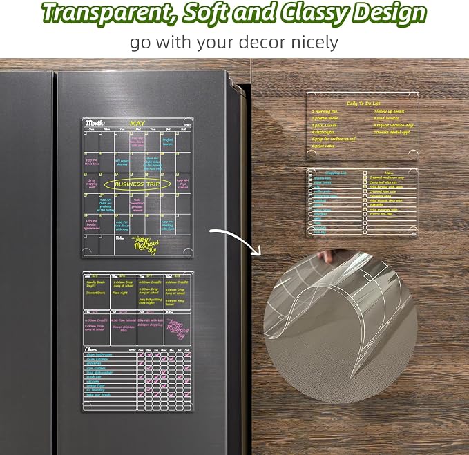 JJPRO Non-Magnetic Dry Erase Calendar - Monthly & Weekly Chart, List & Blank Board for Smooth Surfaces. Clear Reusable Calendar Sticks to Fridge, Cabinet, Door & Glass