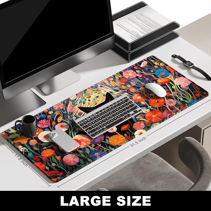 BOSOBO Extra Large Mouse Pad for Gaming and Office, XXL XL Desktop Full Cover Mat, 31.5 x 11.8 Inches, Pink Orange Flowers and Cat