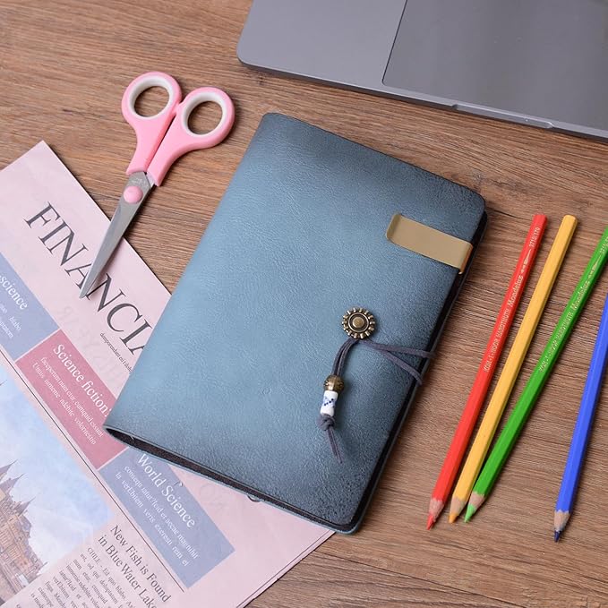 Wonderpool Leather Journal Lined Paper Notebook & Pen - Refillable 6 Ring Binder Writing Spiral Diary with Ruled Notepads Vintage Cover for Office Travel Work and Plan Agenda (A6, a-Cyan)