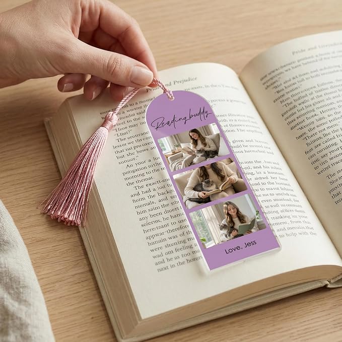 Personalized Photo Acrylic Bookmark with Tassel, Custom Picture Gift with 3 Photos and Text, Gift for Book Lovers, Best Friend, Mom, Couple Anniversary