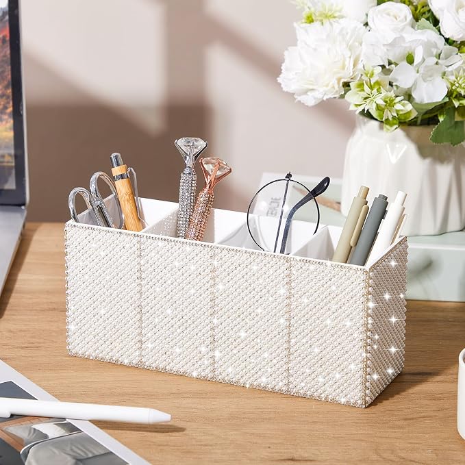Bling Desk Organizer for Women, Rhinestone Pen Makeup Brush Holder, Girly Desk Accessories Organizer for Office Classroom Elevate Your Workspace with Serenity (Pearl,White)
