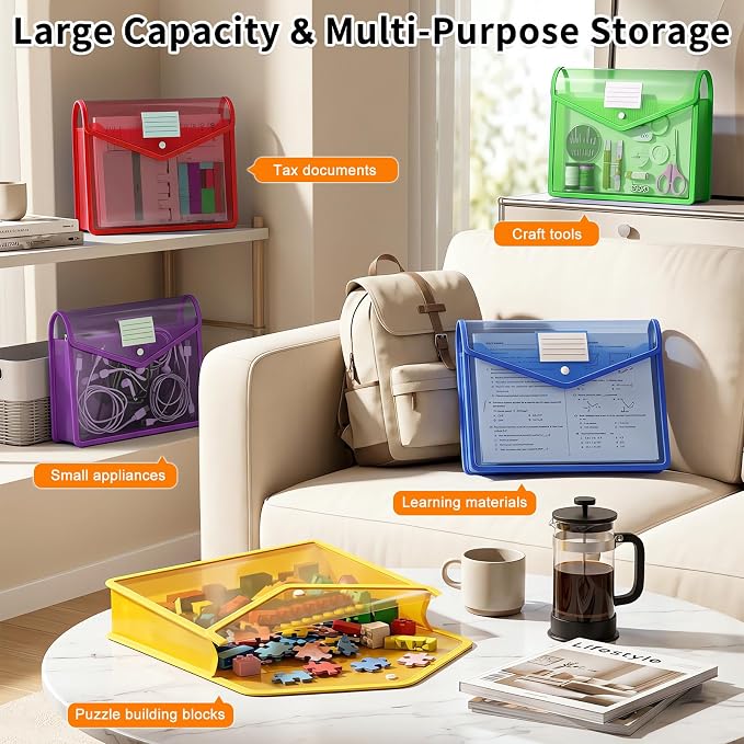 10 Pack Plastic Expanding File Folder, Transparent Folders for Documents with Snap Closure, Large Capacity, No Dividers, Fit Letter/A4 Size, 9 Colors for Tax, Office & Home School Organizer