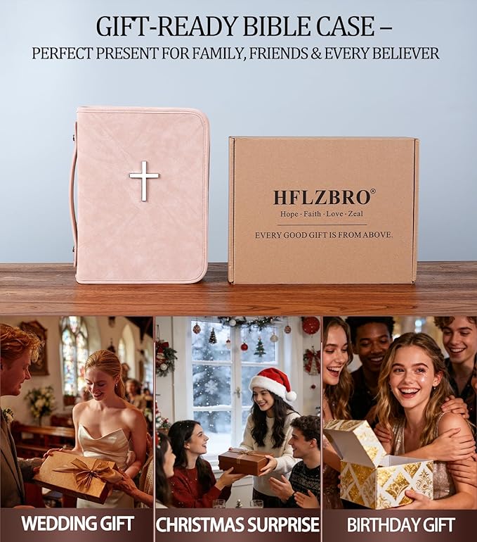 Vegan Leather Bible Cover Case, Bible Bag with Phone Pocket, Bible Case for Men Women, Christian Gift Box Packaging (Pink)