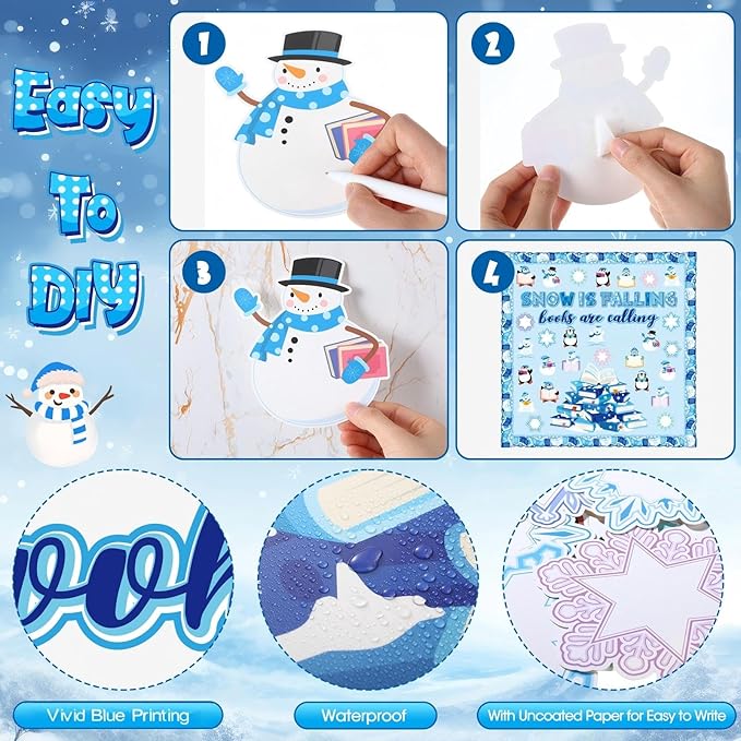 Honoson 64 Pcs Winter Bulletin Board Decoration Set Snowflake Bulletin Boards Winter Reading Classroom Decorations Book Cutouts for School Home Reading DIY Craft Chalkboard Window Wall Decor(Snow)