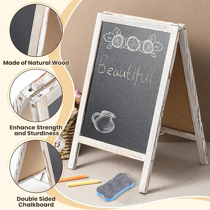 Henoyso 2 Pcs Double-Sided Tabletop Chalkboard Sign, 16"x10" Easel Rustic Wood Frame Small Chalkboard with 2 Erasers for Menu Cafes, Restaurants, Weddings Home Decor(White)