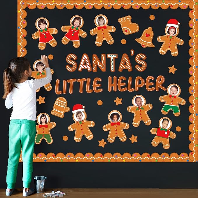 QOUBAI Christmas Bulletin Board Decoration Xmas Gingerbread Man Paper Cutouts DIY Photo Crafts Christmas Stocking Bulletin Board Set for Winter Holiday Classroom Wall Door Decor Home School Supplies
