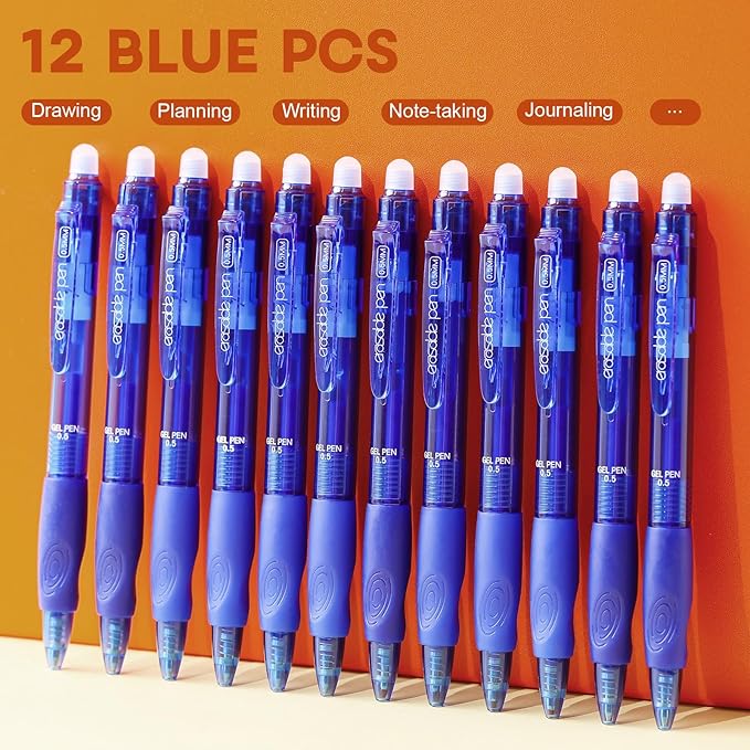 RIANCY 12 Pack Clicker Erasable Gel Pens, Fine Point (0.5mm), Blue Ink with Eraser, Make Mistakes Disappear, Soft Grip for Students, Writing, Note Taking, School & Office Supplies