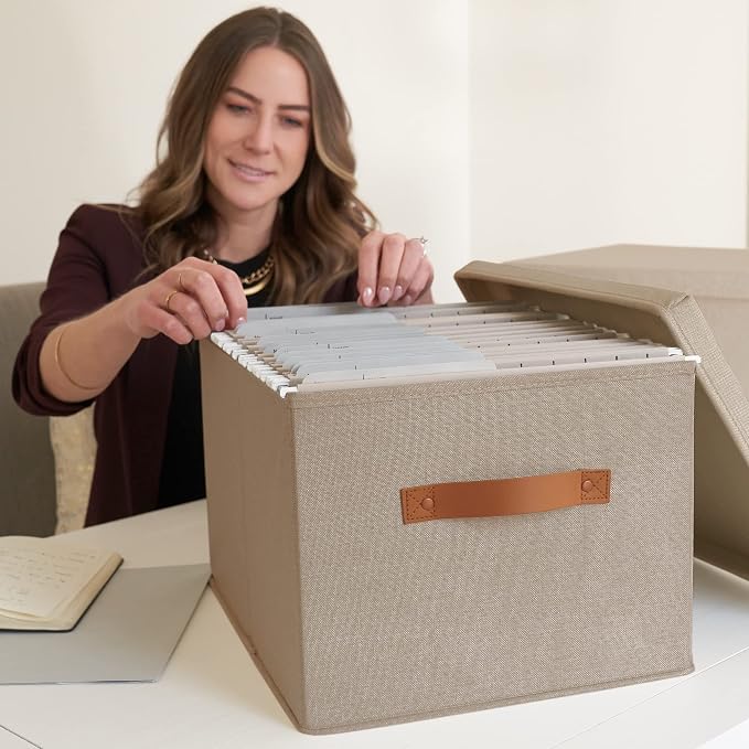 Decorative File Organizer Box Set of 2 - Collapsible Linen Filing Cabinets with Handles Are Perfect to Store All Your Documents & Hanging File Folders - Portable Easy Slide Office Crates with Lid