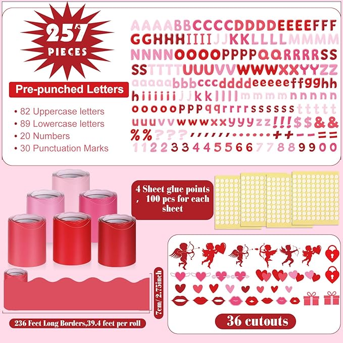 Kosiz Valentine's Day Bulletin Board Decoration Set 118 ft Scalloped Large Bulletin Board Borders Classroom Poster Border Trim with 257 Pcs Letter Number Symbol Cutout for School Decor