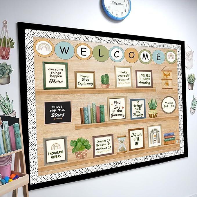 Welcome Back to School Bulletin Board Decorations, Boho Classroom Decor, Greenery Plant Bookshelf Inspirational Affirmation Cutouts for Teacher Welcome School Supplies Classroom Door Wall Decor