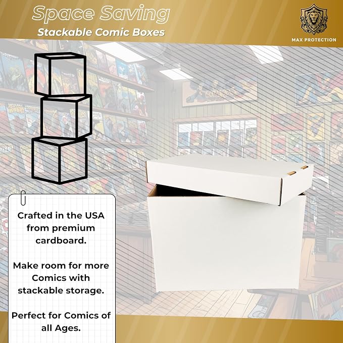 Max Protection Comic Book Storage Boxes - Pack of 3 - Short Cardboard for 150-175 Comic Books - Double Thickness Design - Premium Stackable Book Box for Silver Age & Modern Comics
