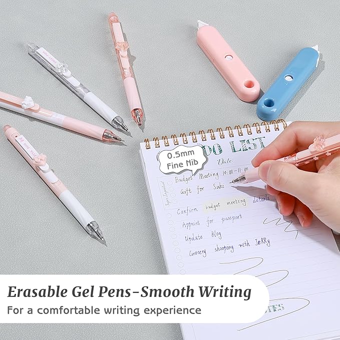 8 Pcs Cute Erasable Gel Pens with Erasers, 0.5 mm Fine Point Black & Blue Ink Pens, Smooth Writing Retractable Pen for Note Taking and Crossword Puzzles (Pink)