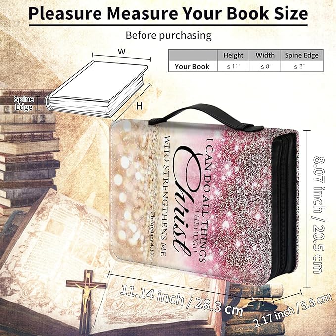 Bible Cover Case for Women Men,Large Leather Bible Case Fit Book Up to 11x8x2 Inch,I can do All Things Through Christ Bible Covers Bible Study Carrier Church Bags w/Handle Zipper