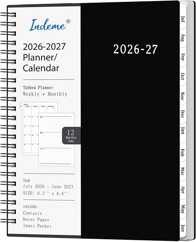 Planner 2026-2027 - Academic Planner 2026-2027, July 2026 - June 2027, 6.3” x 8.4”, Weekly and Monthly Planner, 12 Monthly Tabs, Flexible PP Cover, Inner Pocket, Notes Pages, Holidays - Classical